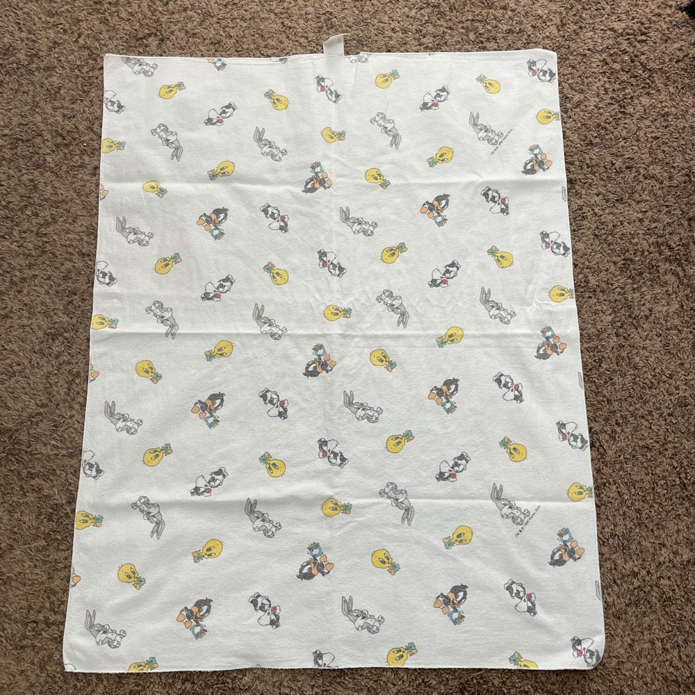 Vintage Looney Tunes Cotton Baby Blanket Bugs Bunny Tweety Daffy White 27.5X36